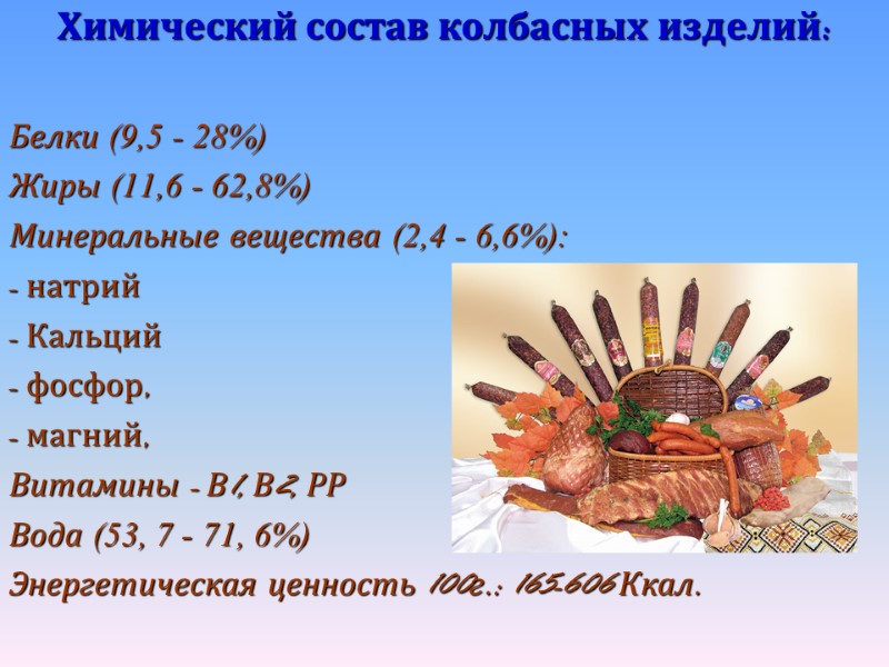 Химический состав колбасных изделий:  Белки (9,5 - 28%) Жиры (11,6 - 62,8%) Минеральные